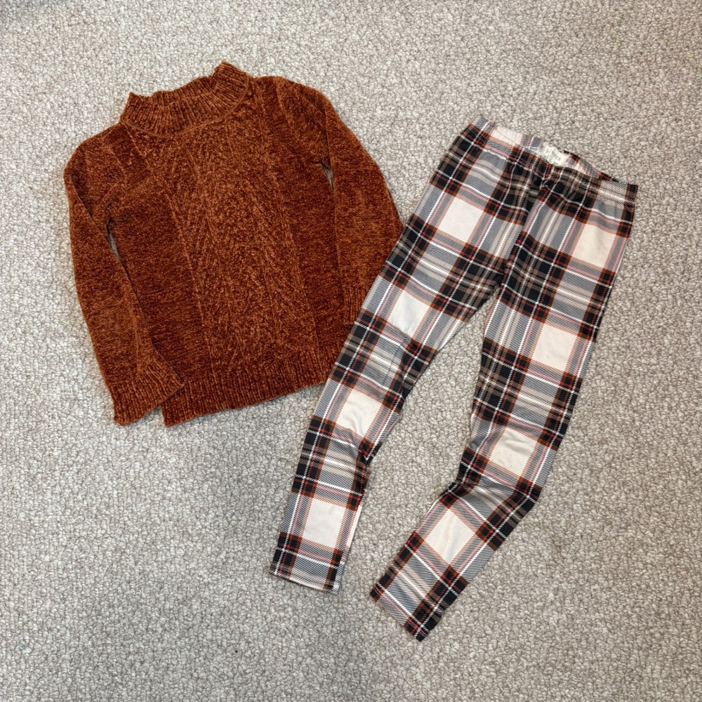 btween Girls Rust Chenille Cable Knit Sweater and Plaid Leggings Set Size‎ 8